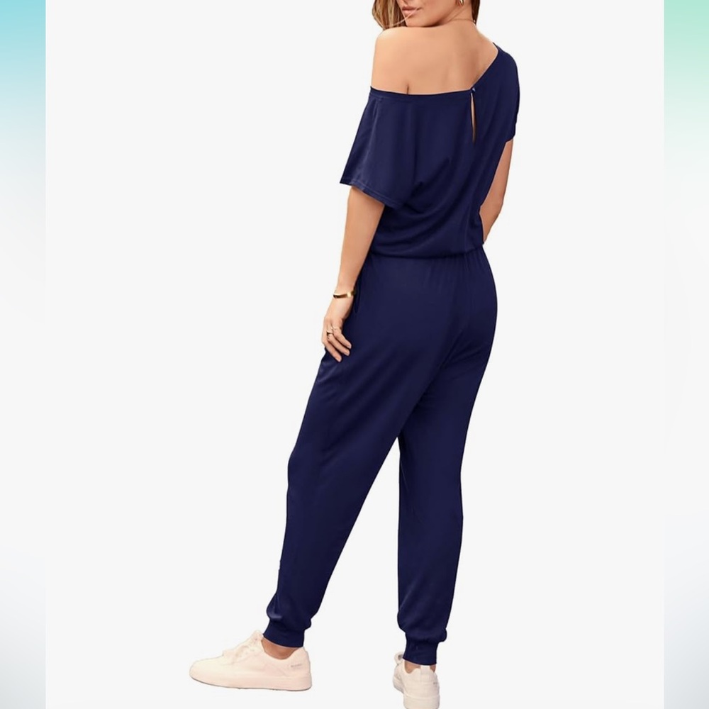 pretty garden  Blue Off-Shoulder Jumpsuit with Tapered Legs
